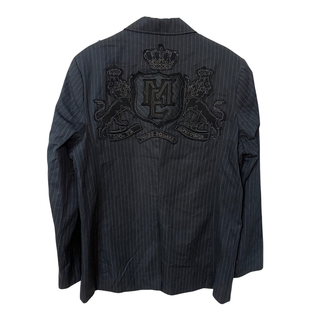 Marc Ecko Cut & Sew Mens XXL Gray Pinstripe Blazer Embroidered Times Square y2k